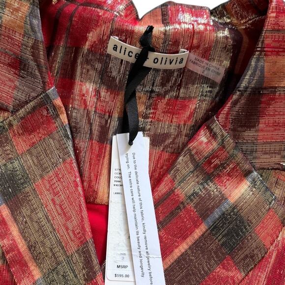 NWT Alice + Olivia Chap Dress Plaid Wrap Metallic Red Tie Waist
Midi Silk Dress - Picture 7 of 10